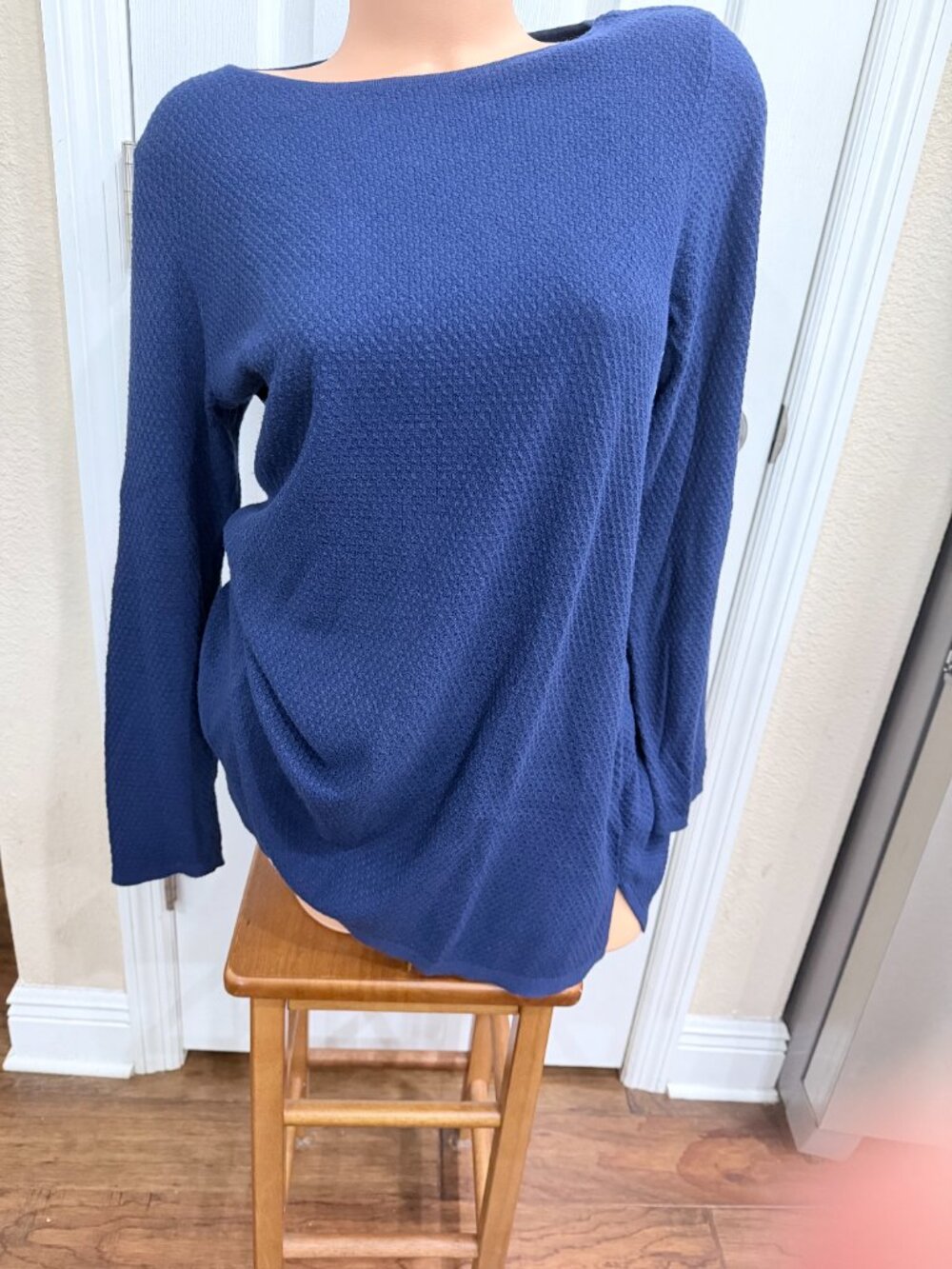 J. Jill Blue Waffle Knit Tunic Sweater Medium Boat Neck Side Slit Top